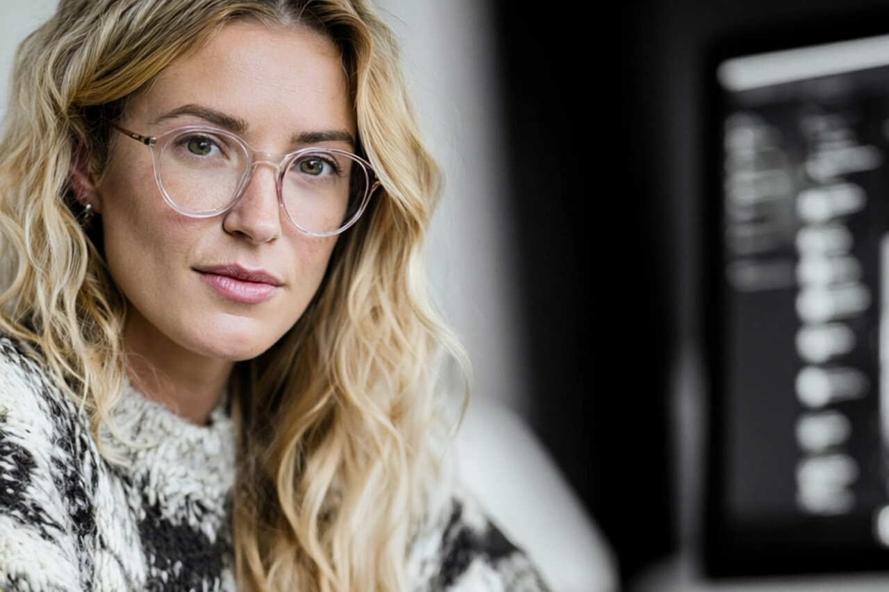Eine junge Frau mit blonden Locken und Brille blickt direkt in die Kamera, während im Hintergrund ein Bildschirm zu sehen ist.