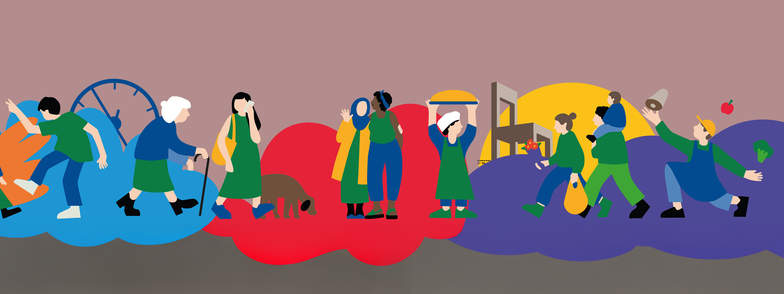 Eine bunte Illustration zeigt verschiedene Menschen unterschiedlichen Alters und Herkunft bei alltäglichen Aktivitäten, wie Spazierengehen, Einkaufen und Interagieren, vor farbigen Wolkenformen.
